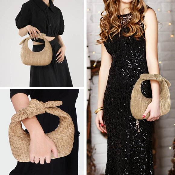 Elegant Woven Handle Handbag - Light Apricot Beach Tote for Stylish Travel - Picture 3 of 9